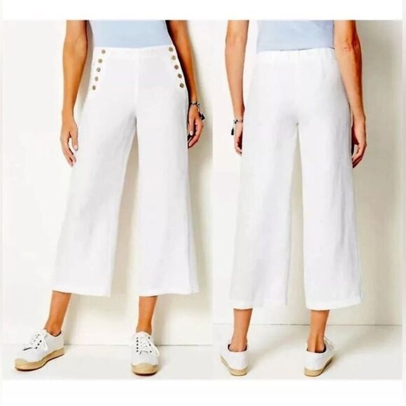 J. Jill nautical Sailor Button Wide Leg Cropped Pant 10 linen blend beachy - Picture 2 of 8